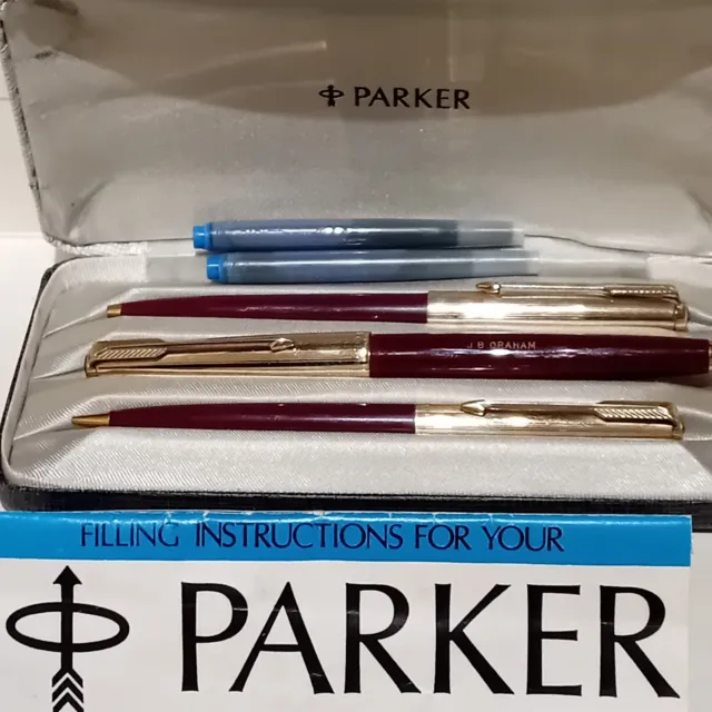 Vintage Burgundy Parker 65 Fountain Pen set Rolled gold caps 14k Nib c1970