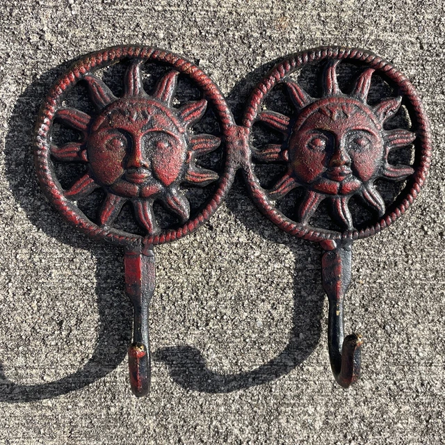 Red Wrought Iron Cast SUN CELESTIAL Double Hook Coat Wall Rack Vintage❤️blt7j1 2