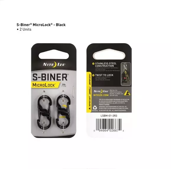 NiteIze S-Biner MicroLock Stainless Steel 2 Pack LSBM-01-2R3 Black NEW