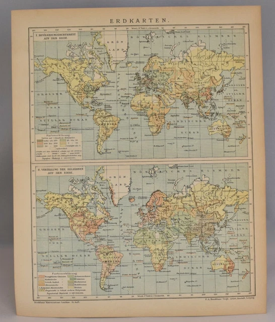 Rare German Population & Religion Maps Antique Print | Old Collectable 1893-97