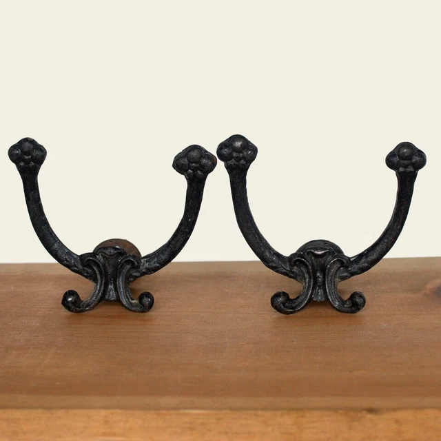 2 Antique Black Cast Iron Double Coat Hat Hooks Hall Tree Victorian Hangers