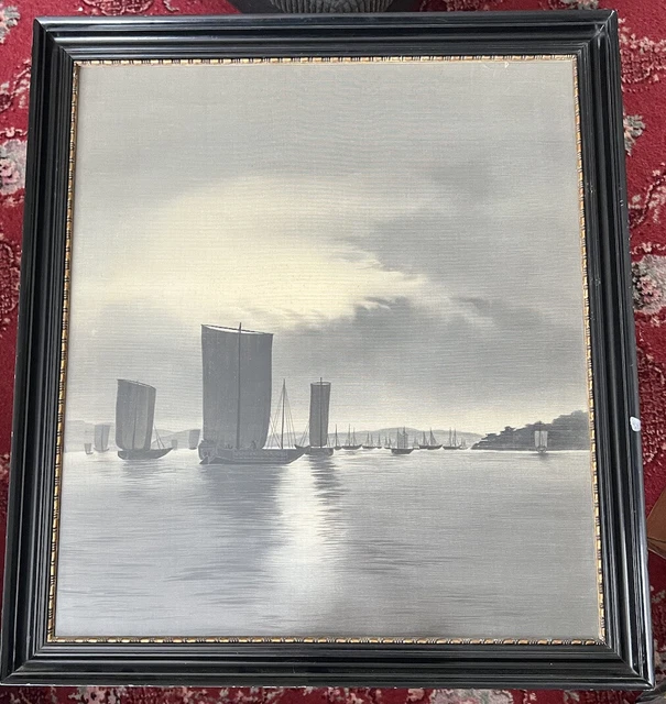 Large Ebony Framed Oriental/Chinese Silk Art Painting Of Junk Boats 76x68cm