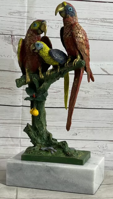 Brass Bronze figurative Parrot Multi Color Patina Wht Marble Stunning Decorative