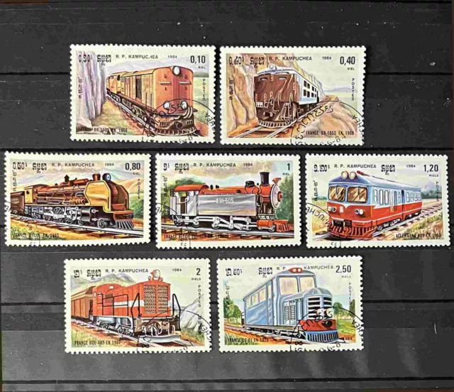 Locomotives Trains Railroad CTO Set of 7 Stamps 1984 Cambodia #504-510