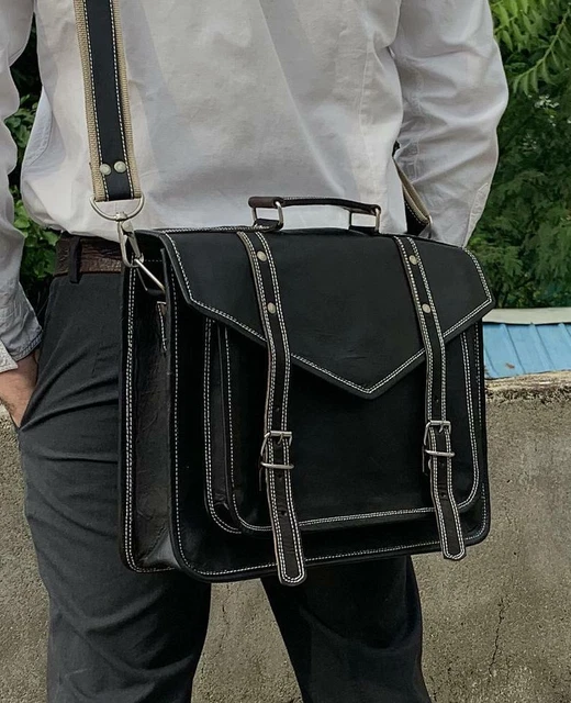 16 " Handmade Noir Bandoulière Cuir Convertible Ordinateur Portable Sac à Dos