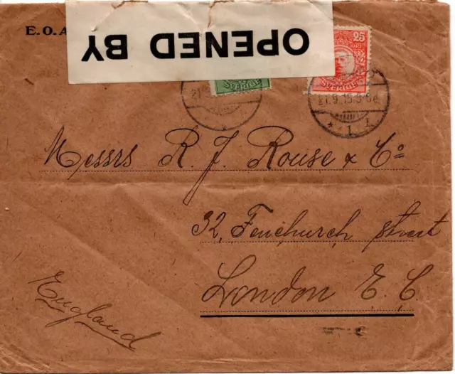 1915 Sweden Opened by Censor 25 Öre + to London Postal History