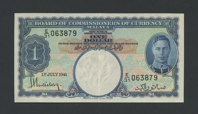 MALAYA  $1 note 1941  KGVI  WWII  Krause 11  EF Banknotes
