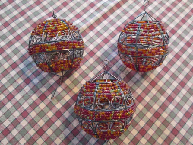 Almost 4" Tall Beaded Ornaments Wire Balls Set Of 3 Rust Orange Pale Green