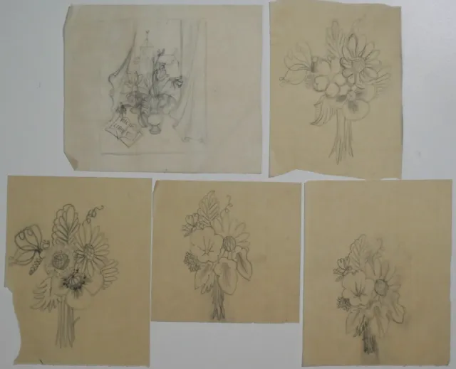 Janine JANET - Dessin original - Crayon - Lot de 5 projets de Fleurs