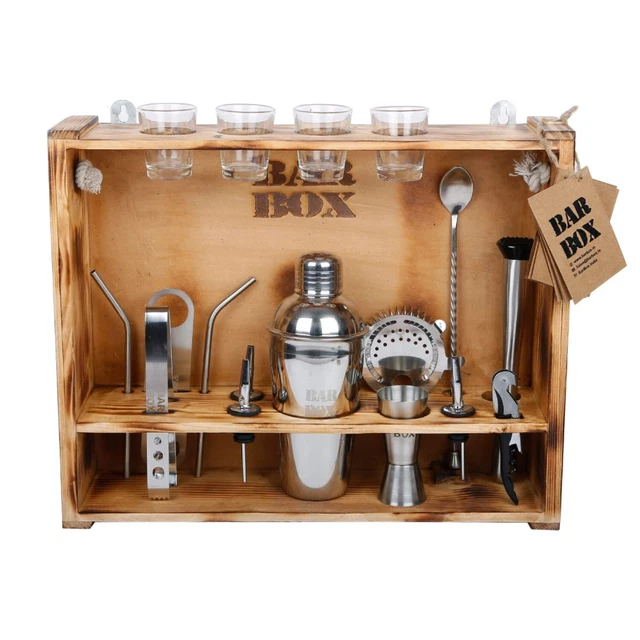 19 Pièces Cocktail Shaker Set Rustique Bois Support Barman Kit Barre Comptoir