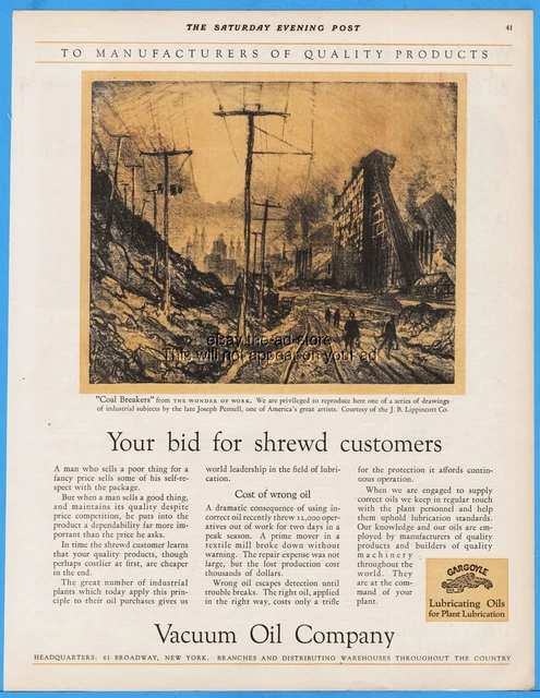 1928 Mobiloil Vacuum Oil Company Gargoyle Joseph Pennell Coal Breakers art ad