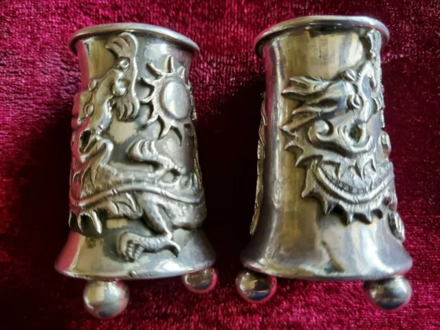 👍 2 X China Chinese Sterling Silver Cumshing Mark Dragon Candlestick Holders 纯银