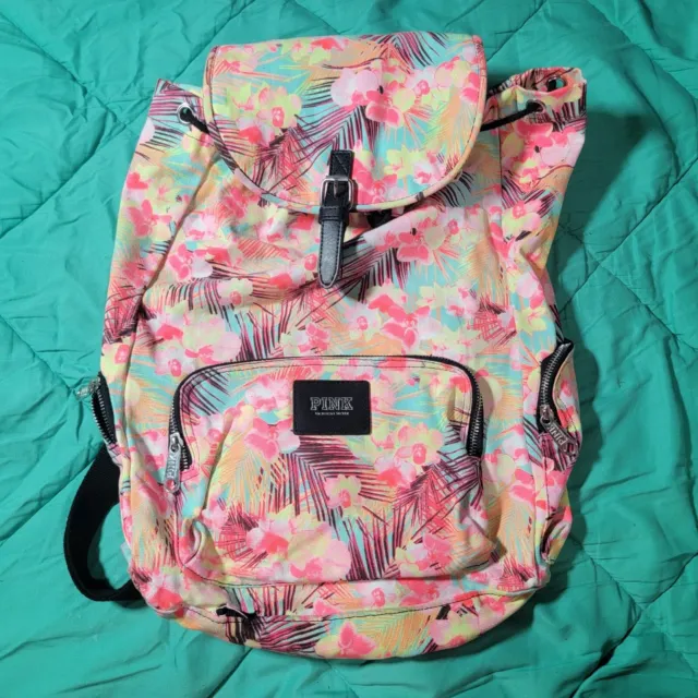 Victorias Secret PINK Tropical Hawaiian Floral Drawstring Backpack Bag Tote