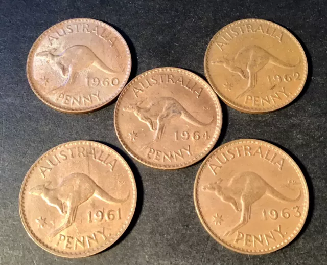 1960’s Australian Predecimal Penny Set (5x Coins) Bulk Lot EF Grade