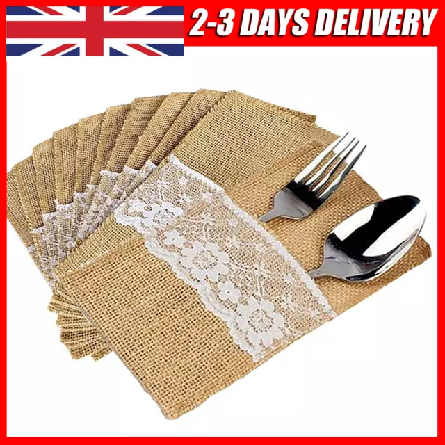 Cutlery Pouche 24PCS Hessian Burlap Cutlery Holder Lace Fork Pocket Wedding