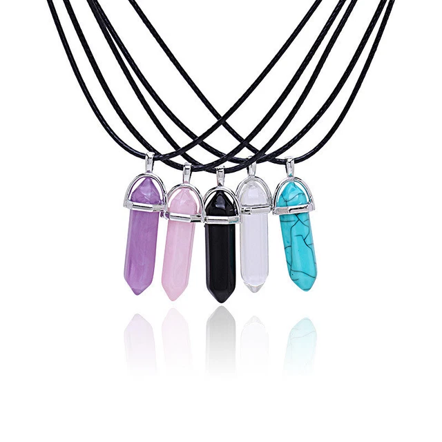 Natural Gemstones Chakra Quartz Crystal Hexagonal Pointed Pendant Silver Plated