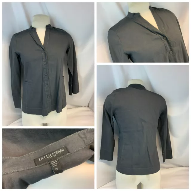 Eileen Fisher Bluse Oberteil Petite S Grau Leinen Viskose Knöpfe Mint Ygi E1-72