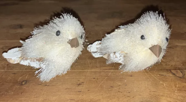 Set of 2 White Bird w/Pine Cone Wings Clip On Christmas Ornaments