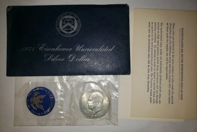 1971 S US Mint Eisenhower Blue Ike 40% Silver Dollar  w/ Envelope & Insert