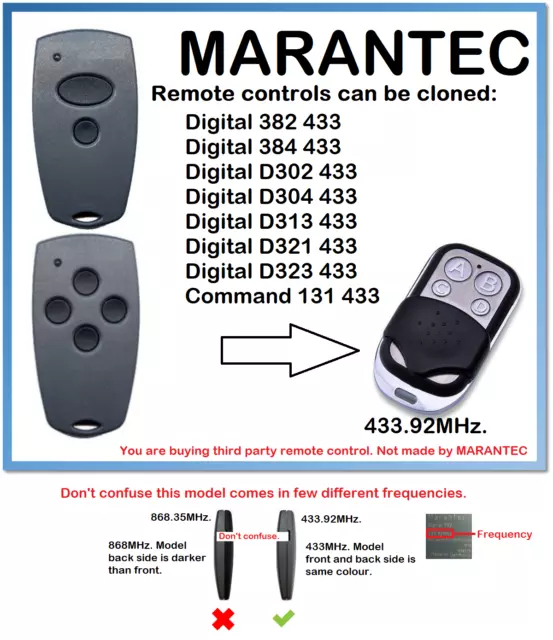 Marantec Digital D302, D304 433 Universal Remote Control Duplicator 433.92MHz.