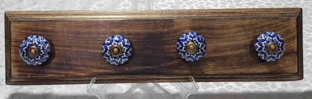 Antique Look Wood Rack with porcelain Hangers Wall MountCoat Hat Clothes Holders