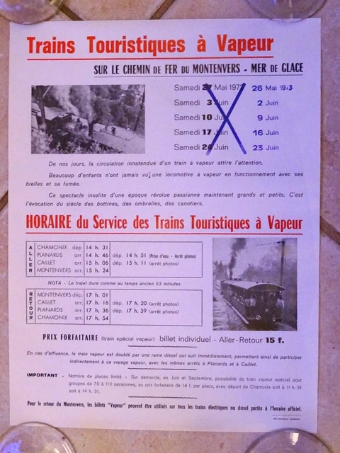 ANCIENNE AFFICHE HORAIRE 1972 Chemin de fer du Montenvers Chamonix Mont