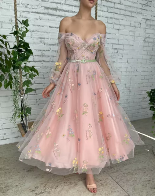 Pink Formal Dress, Midi Party Ball Gown, Special Occasion, Floral Embroidery