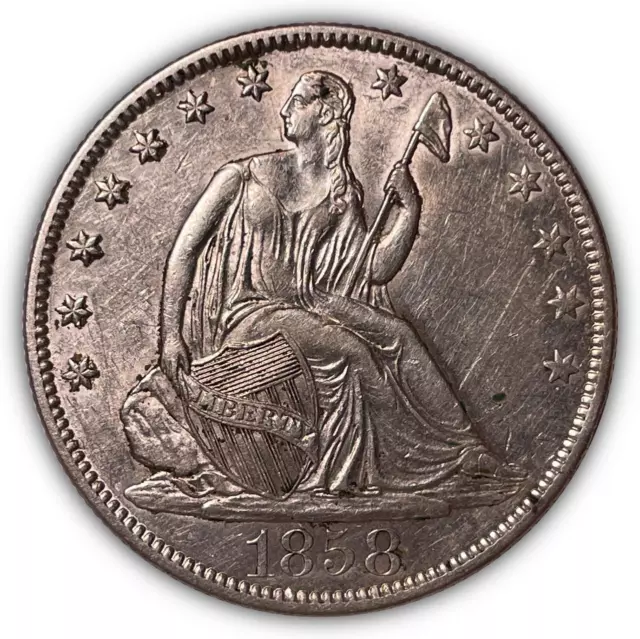 1858-O Seated Liberty Half Dollar Almost Uncirculated AU+ Coin, Cleaning #7019