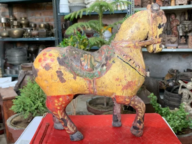 Antique Old Indian Handcrafted Wooden Yellow Painted Horse Statue Figurine 11.5"