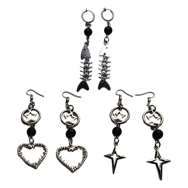 Gothic Star Heart Fishbone Drop Earrings Punk Hollow Bead Earrings for Women