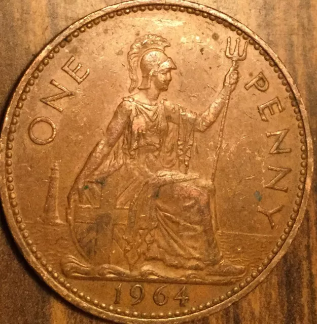 1964 Uk Gb Great Britain One Penny Coin