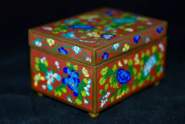 Fine Antique Chinese Gilt Copper Red Cloisonne Enamel Lidded Box. Late 19th C.