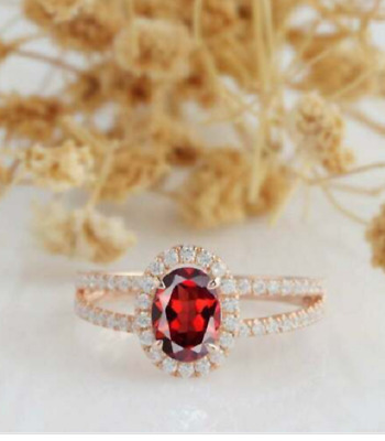 Lab-Created 3.10 Ct Oval Cut Red Ruby Halo Engagement Ring 14K Rose Gold Over