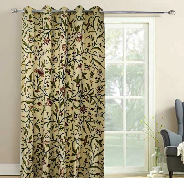 Beautiful Cream Cotton Duck Handmade Crewel FULLY-LINED Curtain