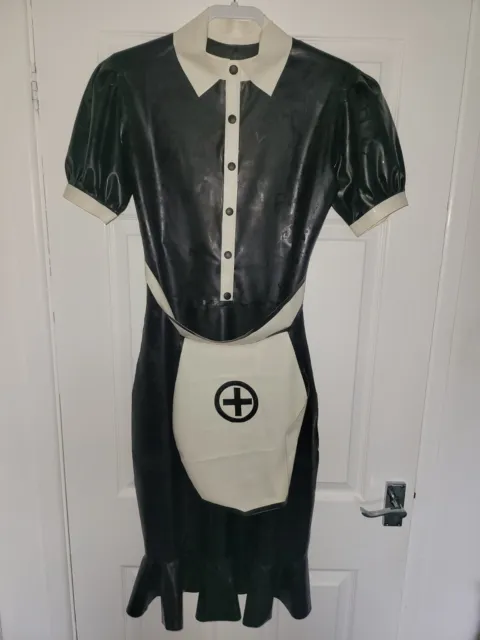 NEW Latex Rubber Maid Uniform Dress apron sissy nurse cleaner waitress servantUK