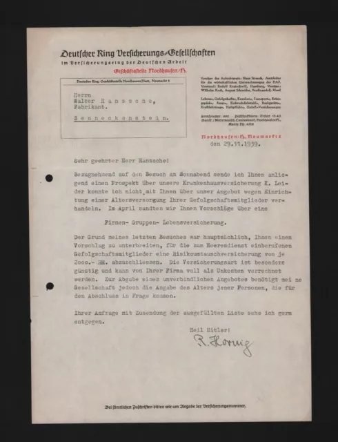NORDHAUSEN, Brief 1939, Deutscher Ring Versicherungs-Gesellschaften