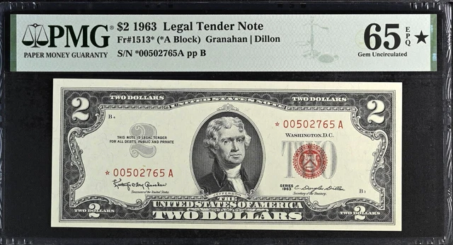 1963 $2 Red Seal Legal Tender Star Note, Fr1513* Pmg Gem 65 Epq Great Eye Appeal