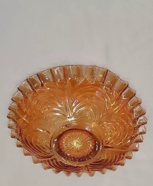 Vintage Peacock Tail Iridescent Marigold Carnival Glass Bowl Ruffled Edge Fenton