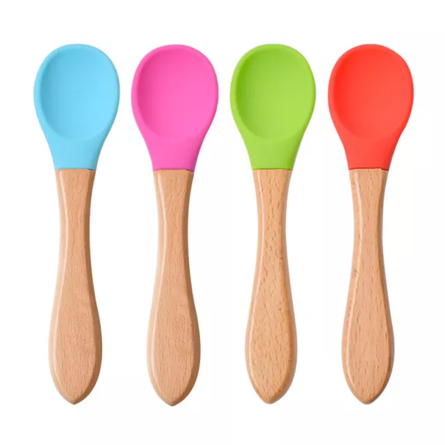 Baby Feeding Spoon Tableware Wooden Handle Silicone Spoon Soft Baby Safety Gift❤