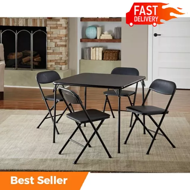 5-PCS Card Table Set Folding Table and Four Folding Chairs for Dining Room Black