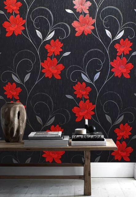 Floral Wallpaper Flower Glitter Effect Embossed Metallic Silver Red Grey Black