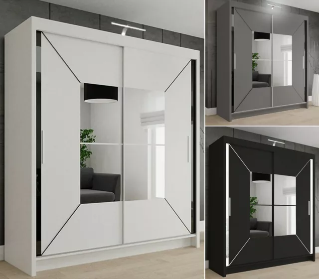 Modern Bedroom Double Sliding Door Wardrobe with LED LIGHT 3 COLOURS 4 SIZES