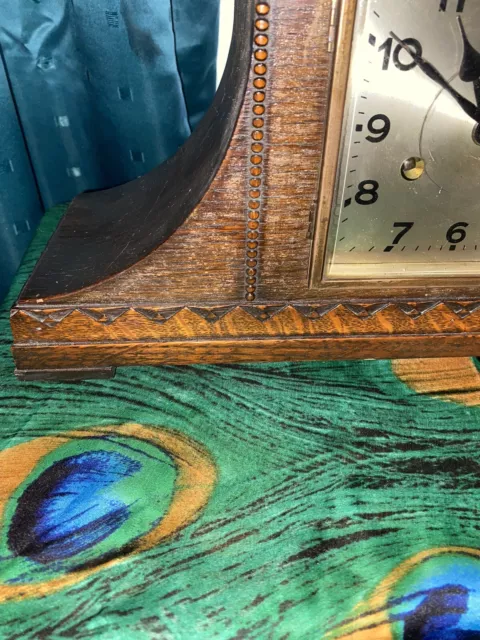 Antique Large Square Art Deco Hat Style Mantle Clock 1930s Oak  With Key 3