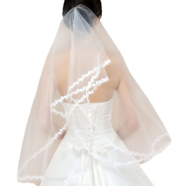 1M Single Layer Women Short Sheer Mesh Tulle Wedding Veil White Small Leaf Appli