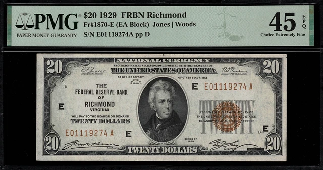 1929 $20 Federal Reserve Bank Note - Richmond - FR.1870-E - Graded PMG 45 EPQ