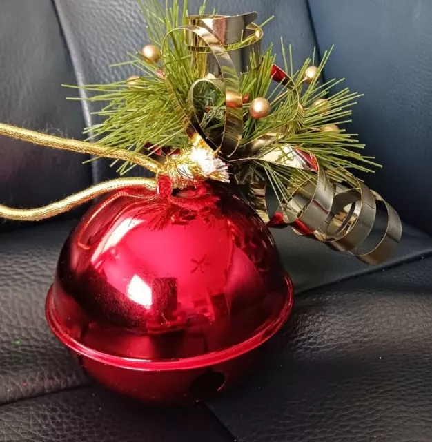 Beautiful sound, large Red Tin Jingle Bell Christmas Ornament, w/pine accent 2