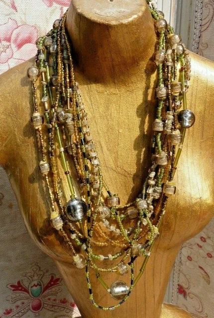 Collier Vintage Années 1950 Perles De Verre Murano Double Rang - Bleu, Occasion Authentique