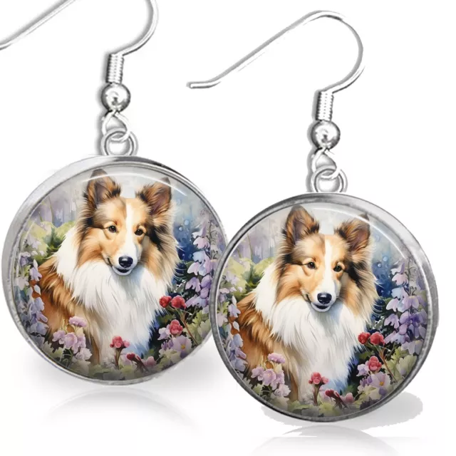 Shetland Sheepdog Flower Garden Sheltie Dog Mom Gift Earrings Watercolor Art