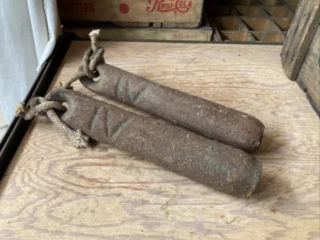 Set of 2 Antique 4 lb Window Sash Weight Cast Iron Counter Original Vintage Lot