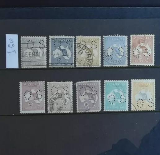 Stamps Australia 'OS' Kangaroo Selection x 10, 2d to 5/- Gu/Fu Free Post (G)